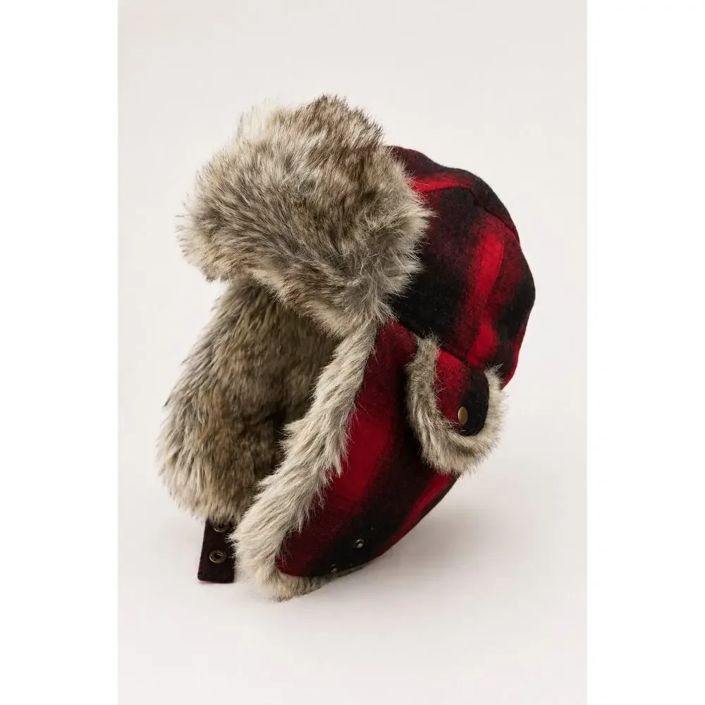 Pendleton Buffalo Plaid Wool Trapper Hat Faux Fur Leather Red Black L/G